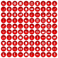 100 kettlebell icons set in red circle isolated on white vector illustration