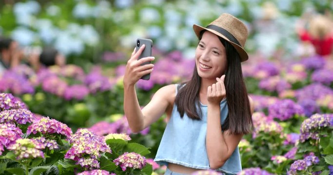 Woman taking selfie with cellphone in hydrangea flower farm