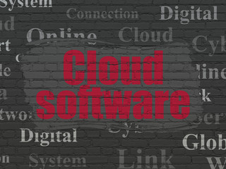 Cloud technology concept: Painted red text Cloud Software on Black Brick wall background with  Tag Cloud