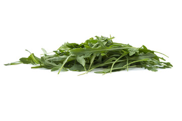 Fresh arugula salad isolated on white background. Top view. Fresh arugula leaves with copy space for text. Ruccola leaf isolated on white 