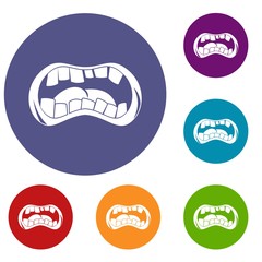 Zombie mouth icons set in flat circle red, blue and green color for web