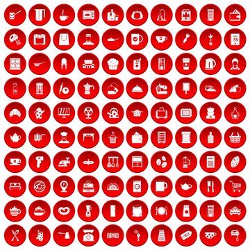 100 kitchen utensils icons set in red circle isolated on white vector illustration