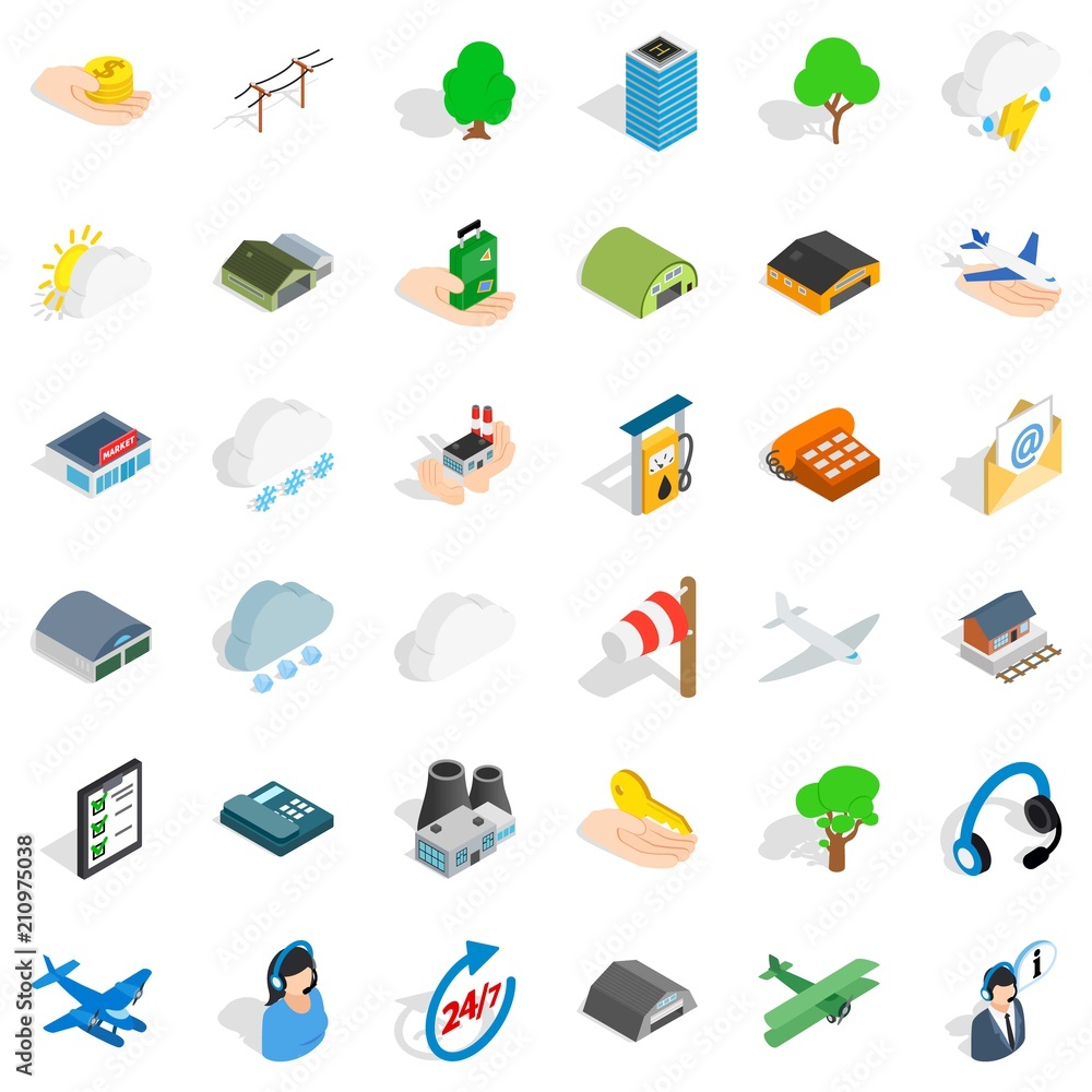 Poster hanger for plane icons set. isometric style of 36 hanger for plane vector icons for web isolated on 