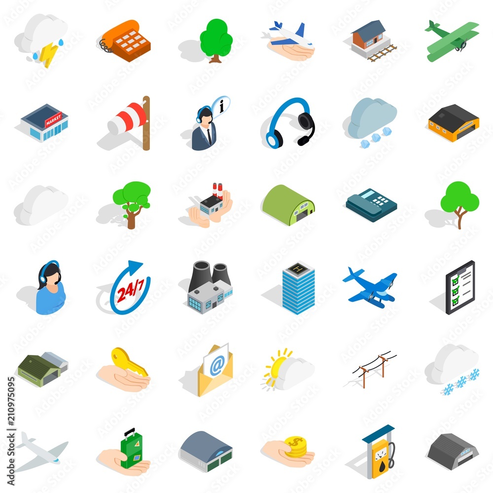 Poster plane terminal icons set. isometric style of 36 plane terminal vector icons for web isolated on whit