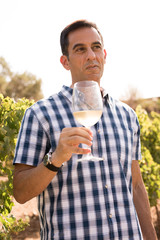 Naklejka na ściany i meble Man holding a glass of wine outdoors