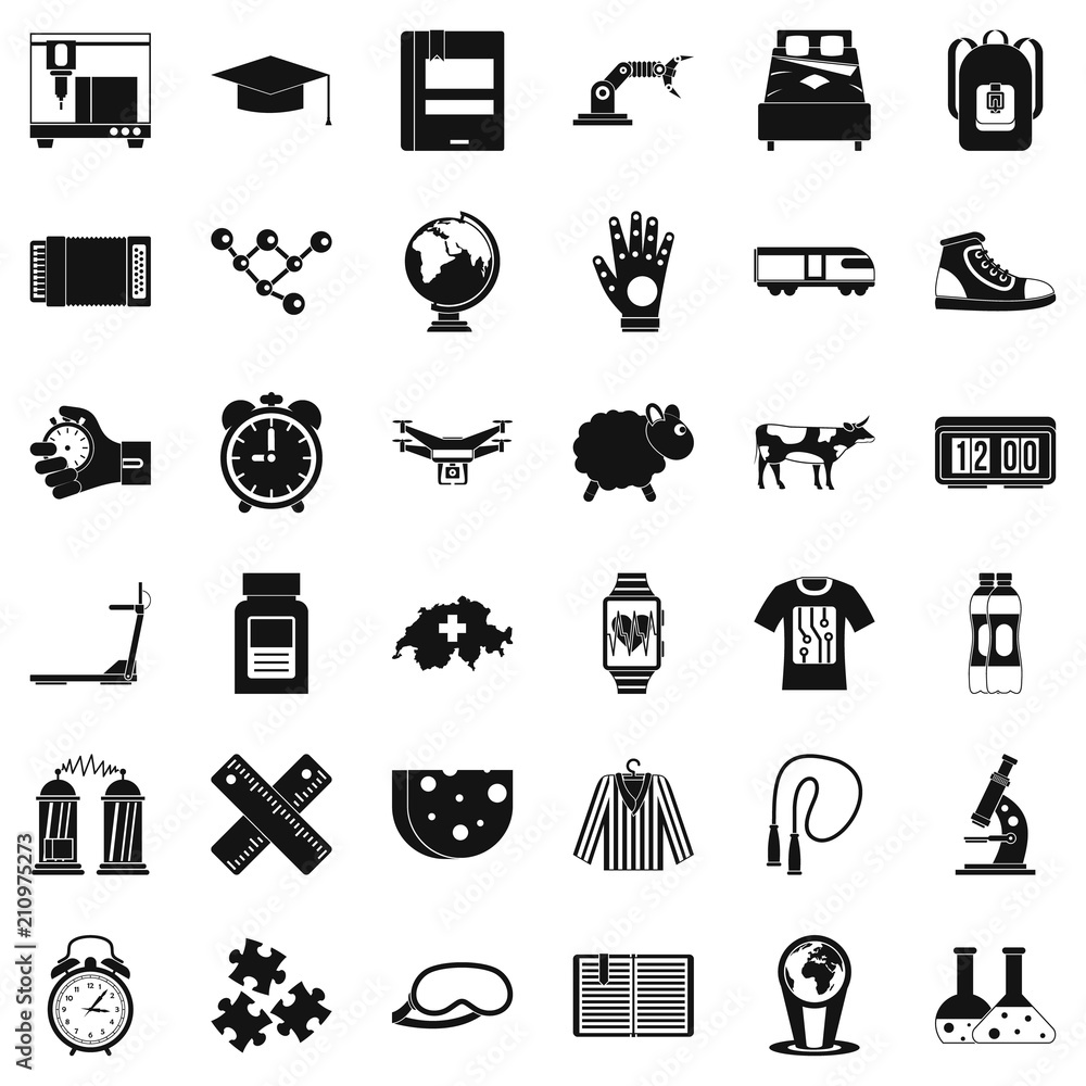 Poster swiss things icons set. simple style of 36 swiss things vector icons for web isolated on white backg