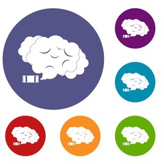 Tear gas icons set in flat circle red, blue and green color for web