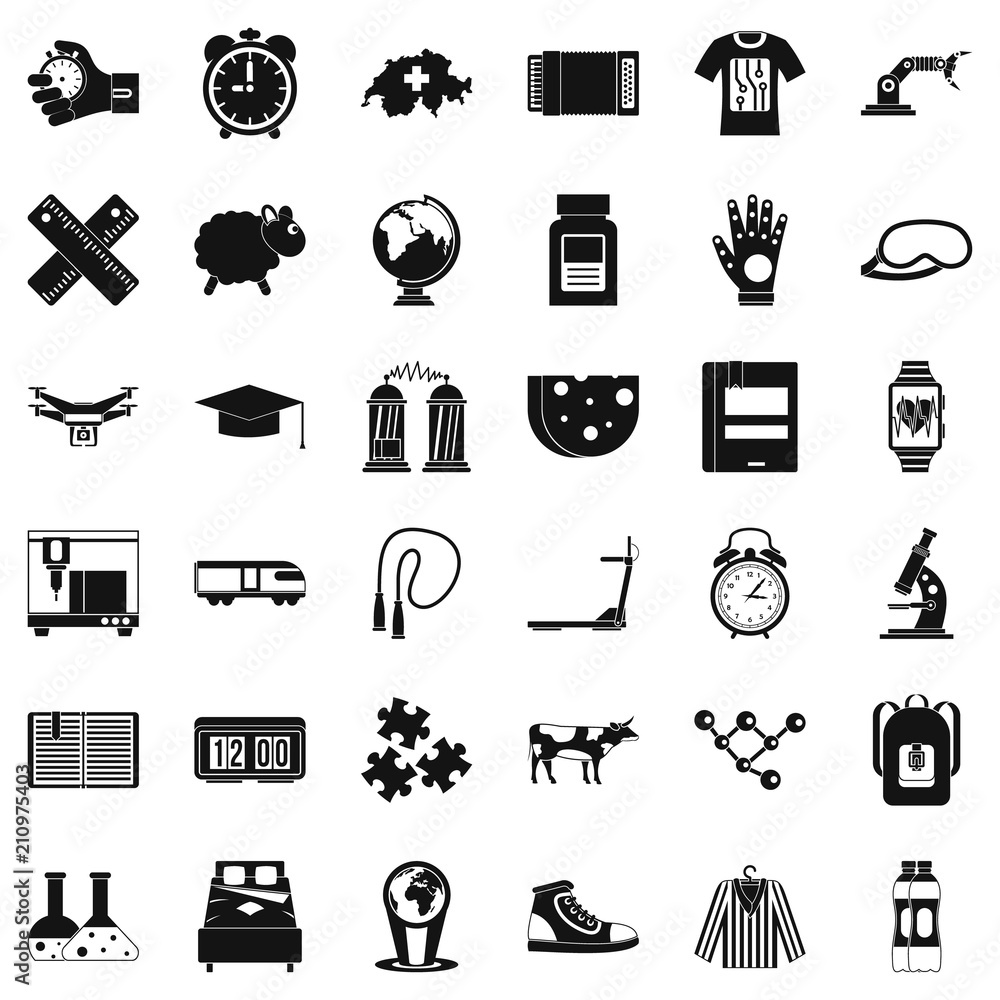 Poster swiss science icons set. simple style of 36 swiss science vector icons for web isolated on white bac