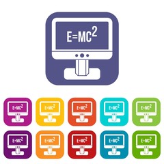 Monitor with Einstein formula icons set vector illustration in flat style in colors red, blue, green, and other