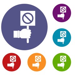 Hand showing stop signboard icons set in flat circle red, blue and green color for web