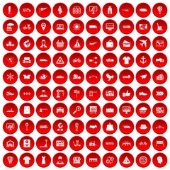 100 logistic and delivery icons set in red circle isolated on white vector illustration