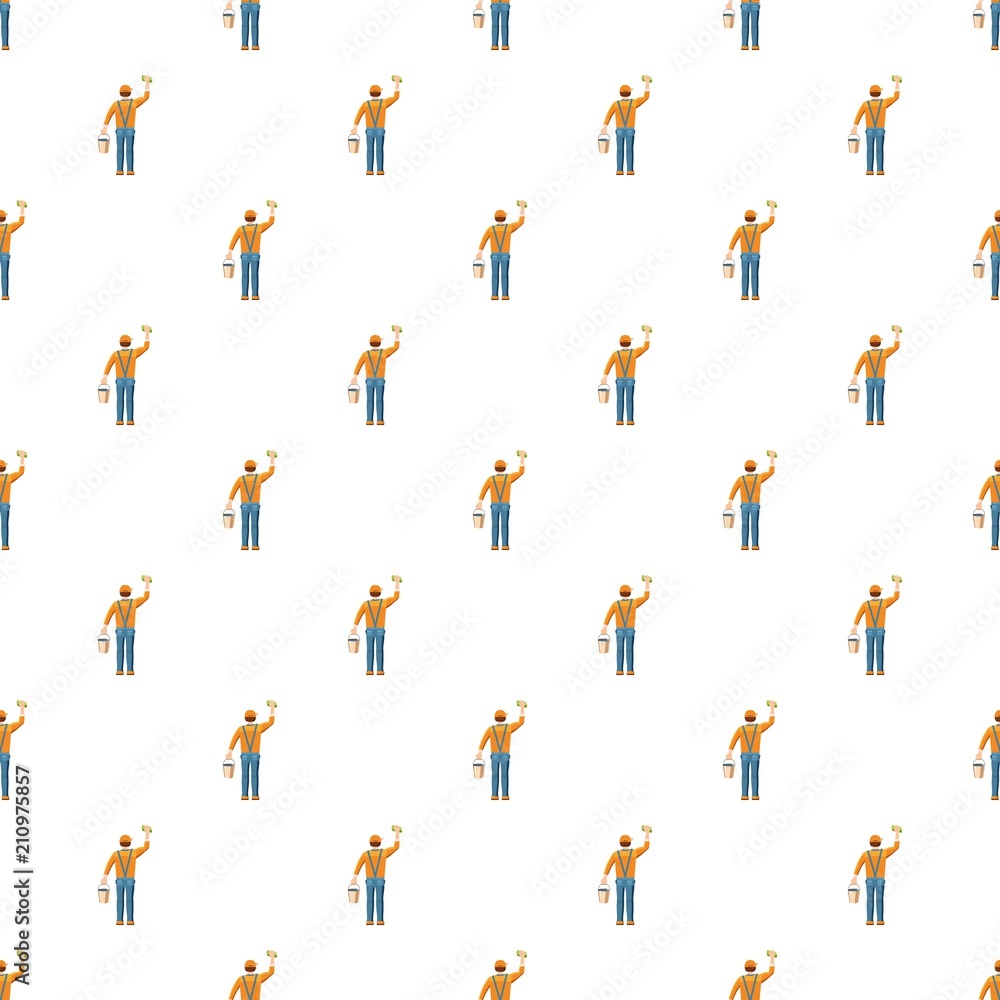 Poster man cleaning with bucket and sponge back view pattern seamless repeat in cartoon style vector illust