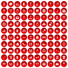 100 love icons set in red circle isolated on white vector illustration