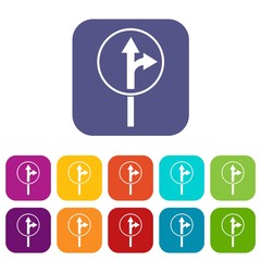 Straight or right turn ahead road sign icons set vector illustration in flat style in colors red, blue, green, and other