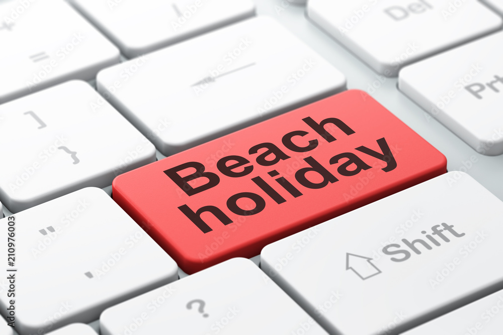 Aufkleber tourism concept: computer keyboard with word beach holiday, selected focus on enter button backgroun