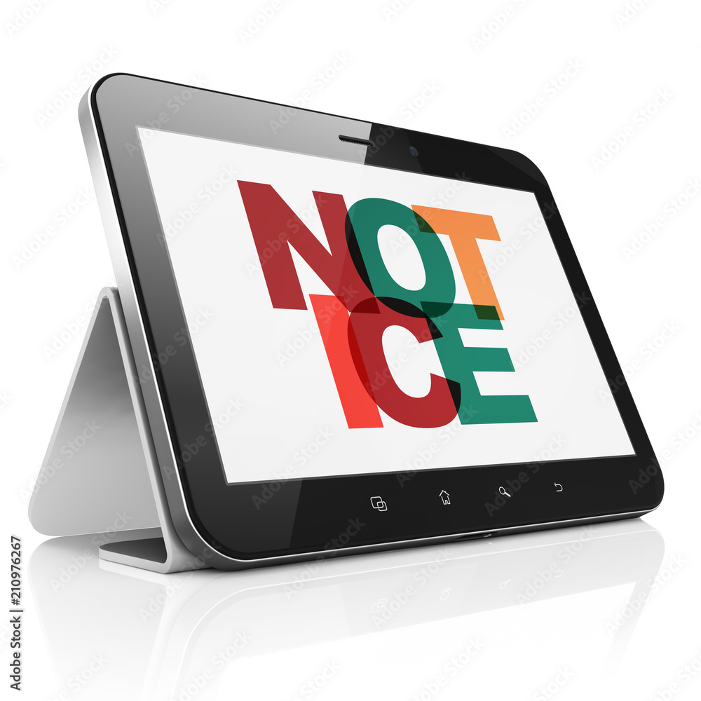 Aufkleber law concept: tablet computer with painted multicolor text notice on display, 3d rendering