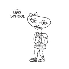 Alien humanoid girl going to school with bag on shoulders, hand drawn doodle, sketch, vector outline illustration