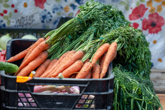 A box of fresh carrots on the market table.