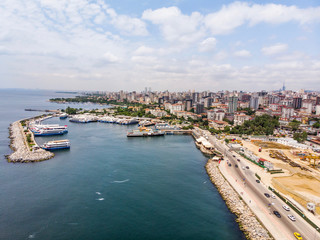 Naklejka na ściany i meble Aerial Drone View of Bostanci Sea Bus and Steamboat Ferry Pier / Istanbul Seaside