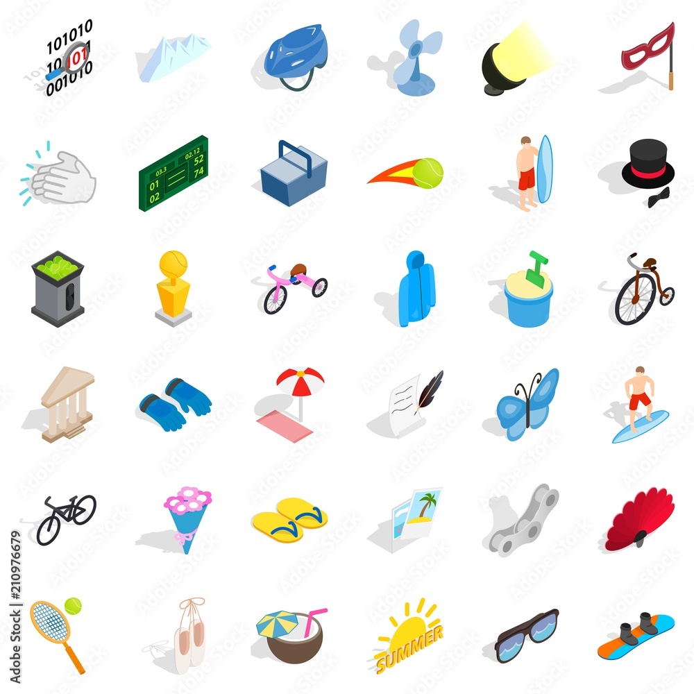 Poster summer activity icons set. isometric style of 36 summer activity vector icons for web isolated on wh
