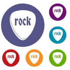 Rock stone icons set in flat circle red, blue and green color for web