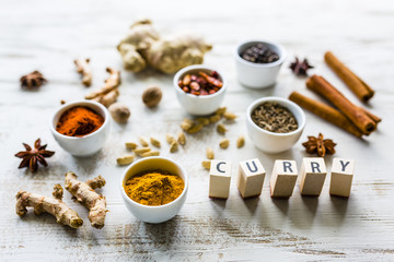 Ingredients for curry powder, spices and herbs. 