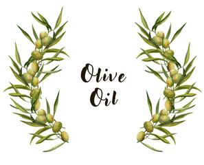 Watercolor wreath with olive branch and leaves. Frame for decor label for olive oil. Green eco food. Decoration elements