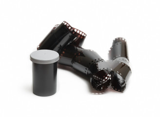 Camera Film Roll And Box Isolated On White Background