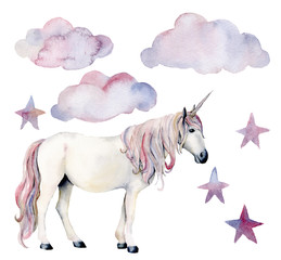 Watercolor set with white unicorn and decor. Hand painted magic horse, clouds and stars isolated on white background. Fairytale character illustration design, fabric, card, print or background.
