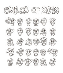 Collection of cutest pig character icon set with different emotions. Vector illustration for new 2019 year.