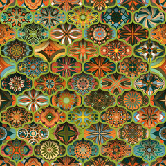 Ethnic floral mandala seamless pattern. Colorful mosaic background.