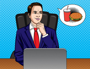 Vector colorful comic pop art style illustration of a office worker sitting at his working place and dreaming about food. Businessman waiting for lunch time