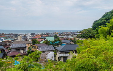Wide angle view over the city and bay of Kamakura Japan