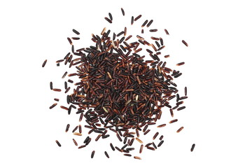 Organic black rice isolated on white background, top view