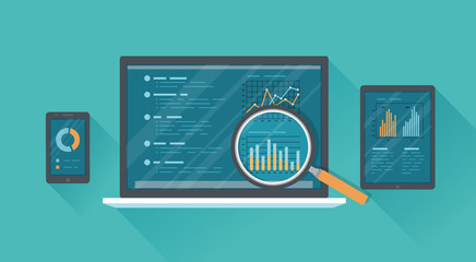 Online audit, research, analysis concept. Web and mobile service. Financial reports, charts graphs on screens of a laptop, phone, tablet with a long shadow. Business background banner. Vector 