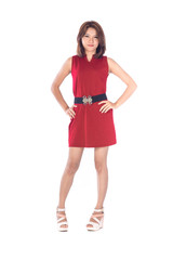 beautiful asian girl in red dress in a studio shot on white background (with selective focus)
