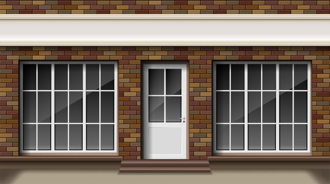 Brick small 3d store or boutique front facade. Exterior empty boutique shop with big window. Blank mockup of stylish realistic street shop. Vector illustration