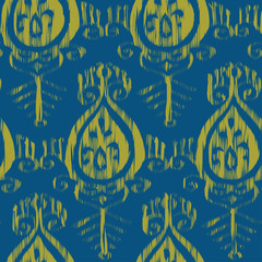 Vector seamless ikat blue and yellow pattern for fabric, textile, craft, wrapping ceramic