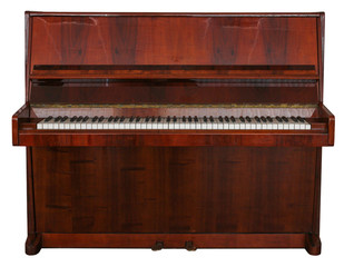Fototapeta na wymiar Wooden piano on white isolated background.
