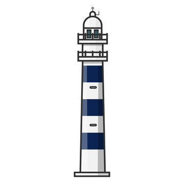 Tall white lighthouse with blue stripes.Outline vector icon.