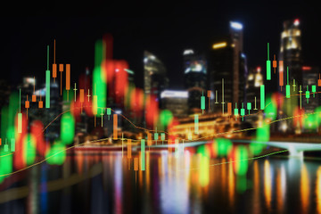 Stock market chart, Stock market data in blue on LED display concept with city scape singapore blur background