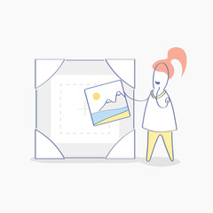 Picture Icon, Photo Gallery, Art, Exhibitions, Painting, Portfolio, photo album concept. Cute cartoon character puts, sending or attaching the picture to the frame