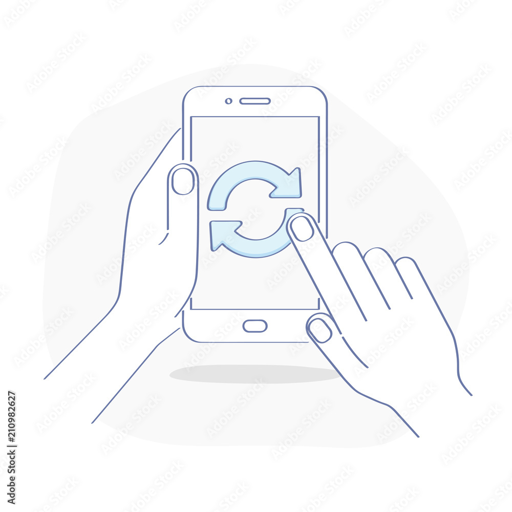 Aufkleber update mobile application, smartphone loading. mobile phone display with updating arrows. reset, loa
