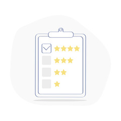 Tablet with a form for filling, online survey, checklist, choosing rating stars. Evaluation, quality, satisfaction stars rating, feedback and review icon concept