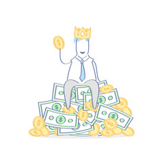 King, rich Boss, Chef, Master, Leader, Authority, Success. Cute fun cartoon character with crown fantasizes and sitting on the big pile of money and gold