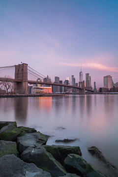 View of downtown manhattan from dumbo location during sunrise