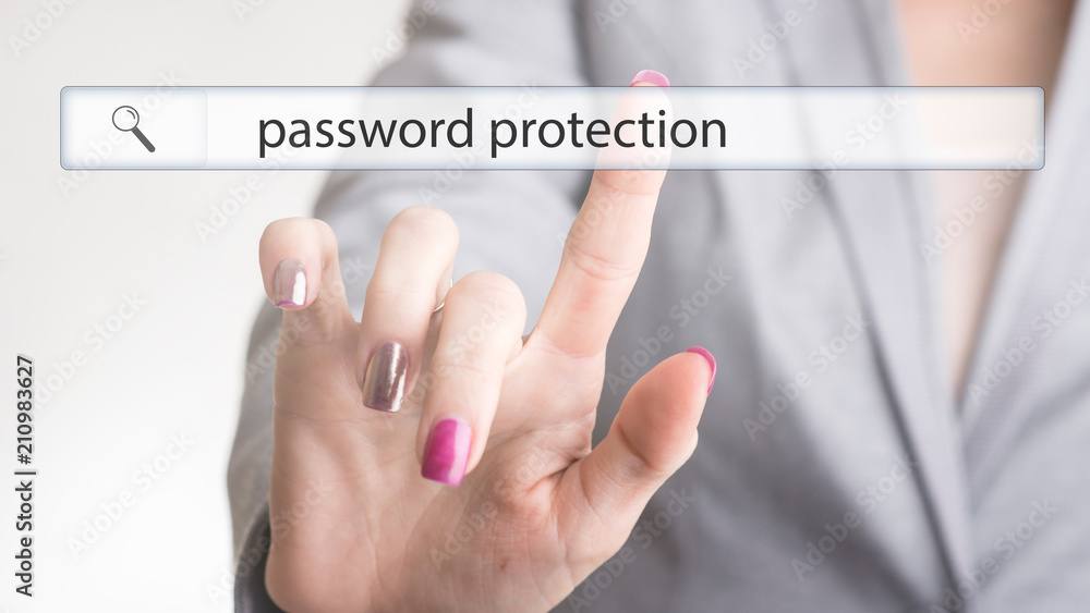 Wall mural female hand touching a website navigation bar with the text password protection