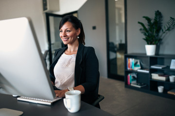 Elegant woman chatting on computer in modern office.