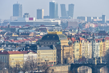 Obraz premium Old city buildings and National Theatre from above