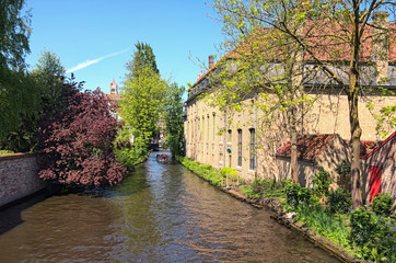 Fototapeta na wymiar Tourist boat on canal, traditional houses in the old town of Bruges, spring trees. Bruges, Belgium